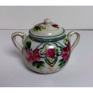Antique Nippon Moriage Hand Painted Floral Porcelain Sugar Bowl with Lid